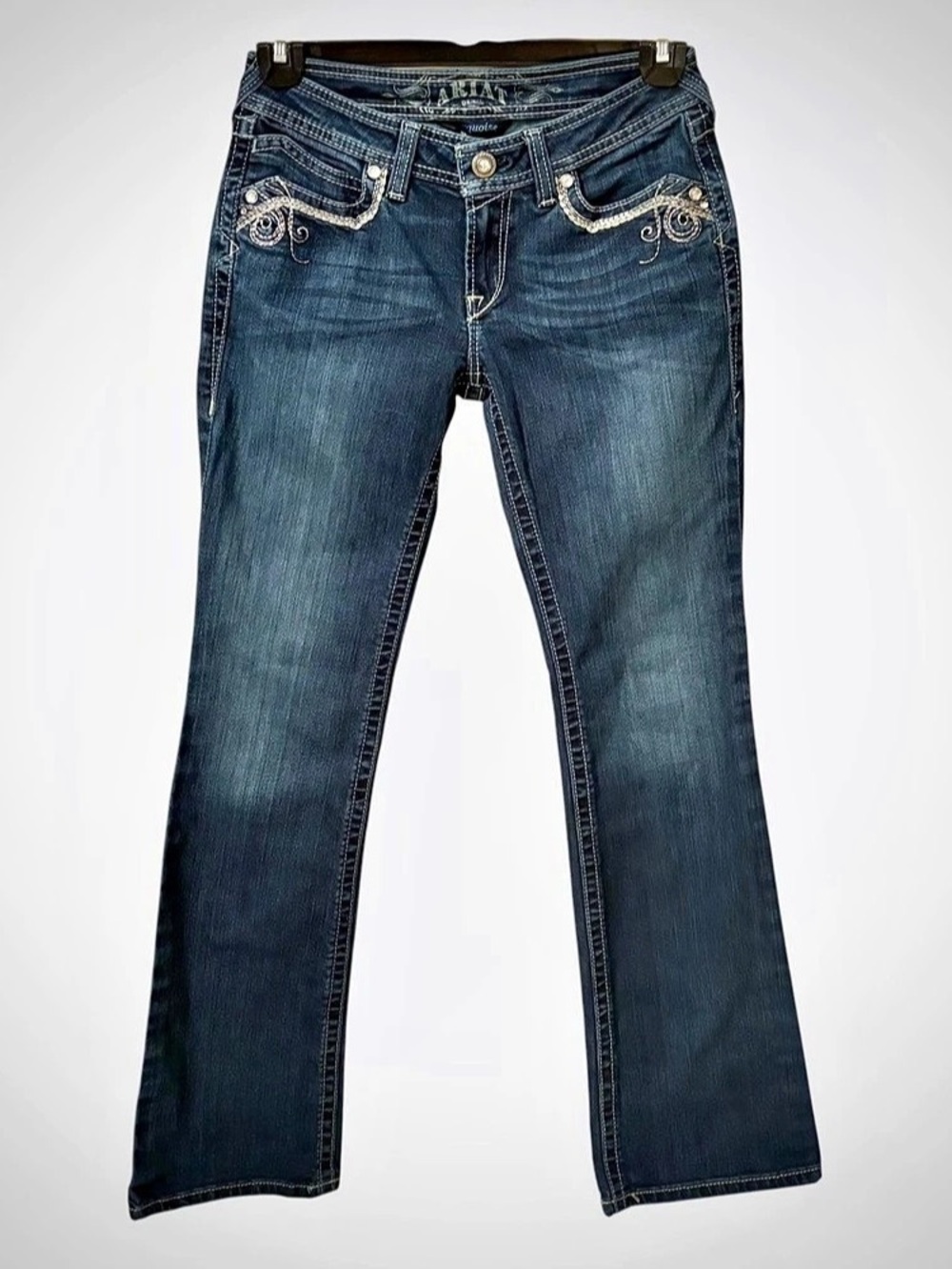 ARIAT Turquoise Dark Wash Bootcut Jeans Rhinestones Embroidery Western Boho 28L